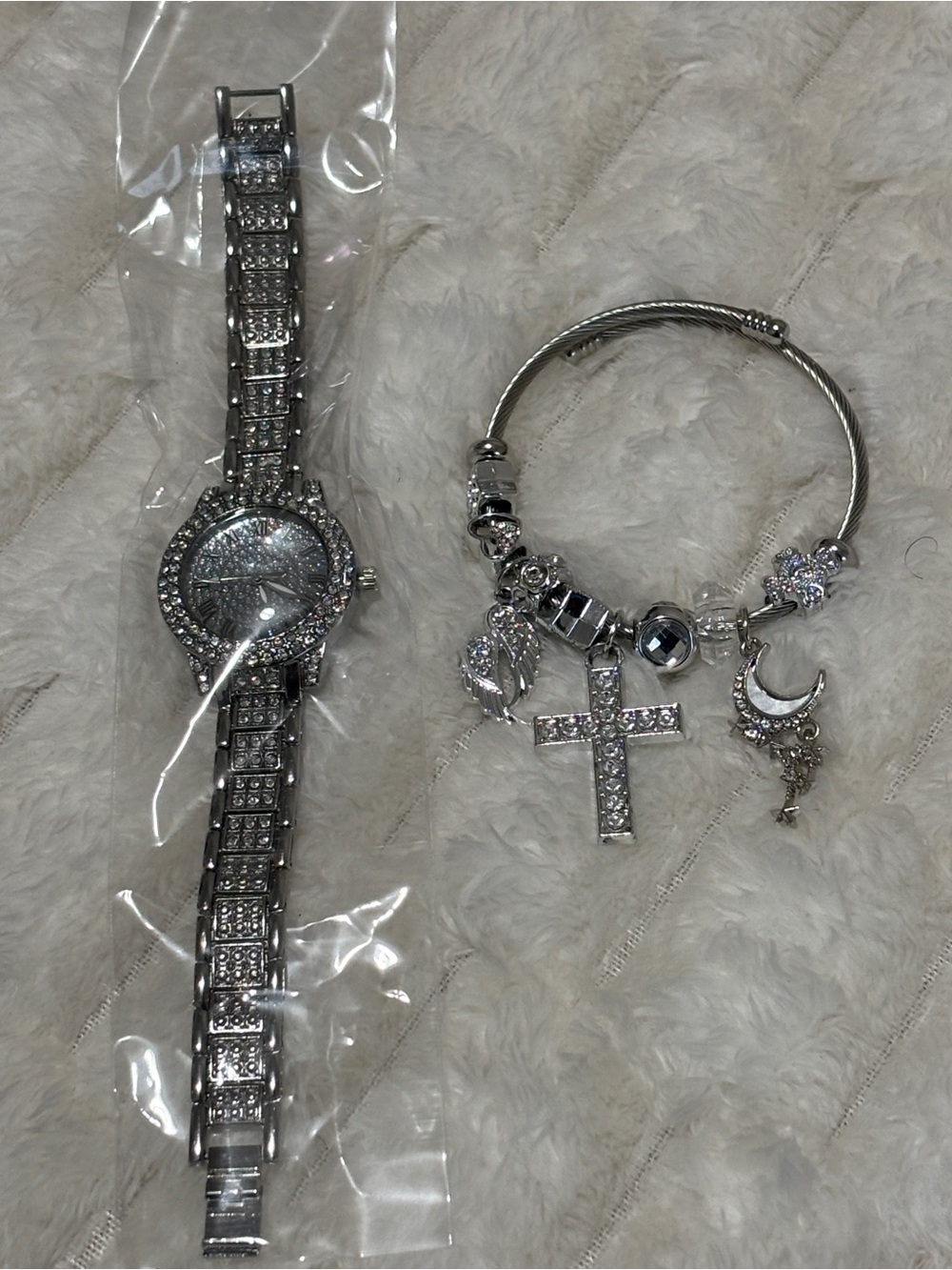 Silver Crystal Cross Charm Bangle Bracelet & Watch Set - Women Jewelry
